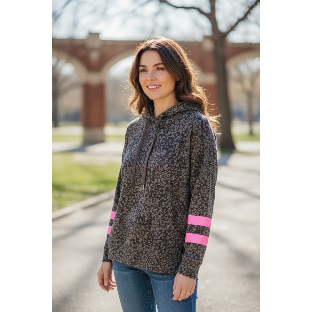 Sundry Womens Animal‎ Print Pullover Hoodie Gray Neon Pink Stripe Size 1/Small